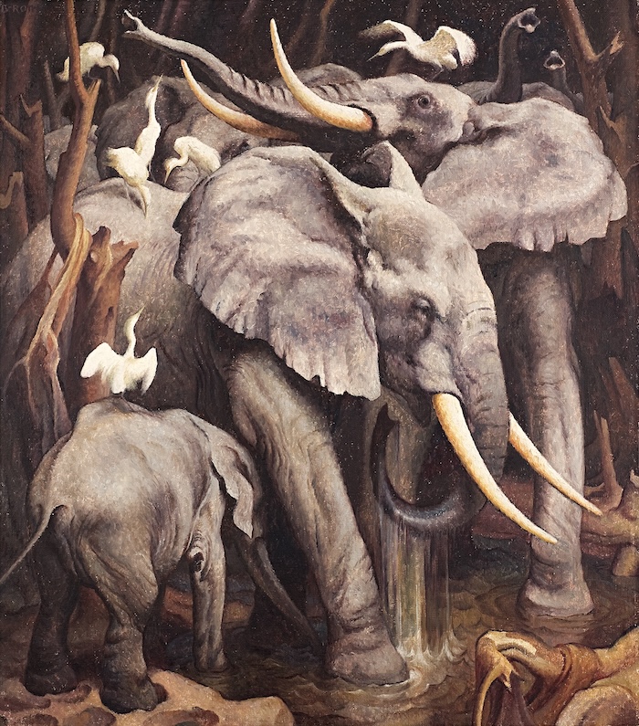 Norbertine Bresslern-Roth, Kuhreiher auf Elefanten, 1934 Öl auf Jute, 142,3 x 125 cm, 2001 Übernahme aus der Abteilung für Zoologie, UMJ