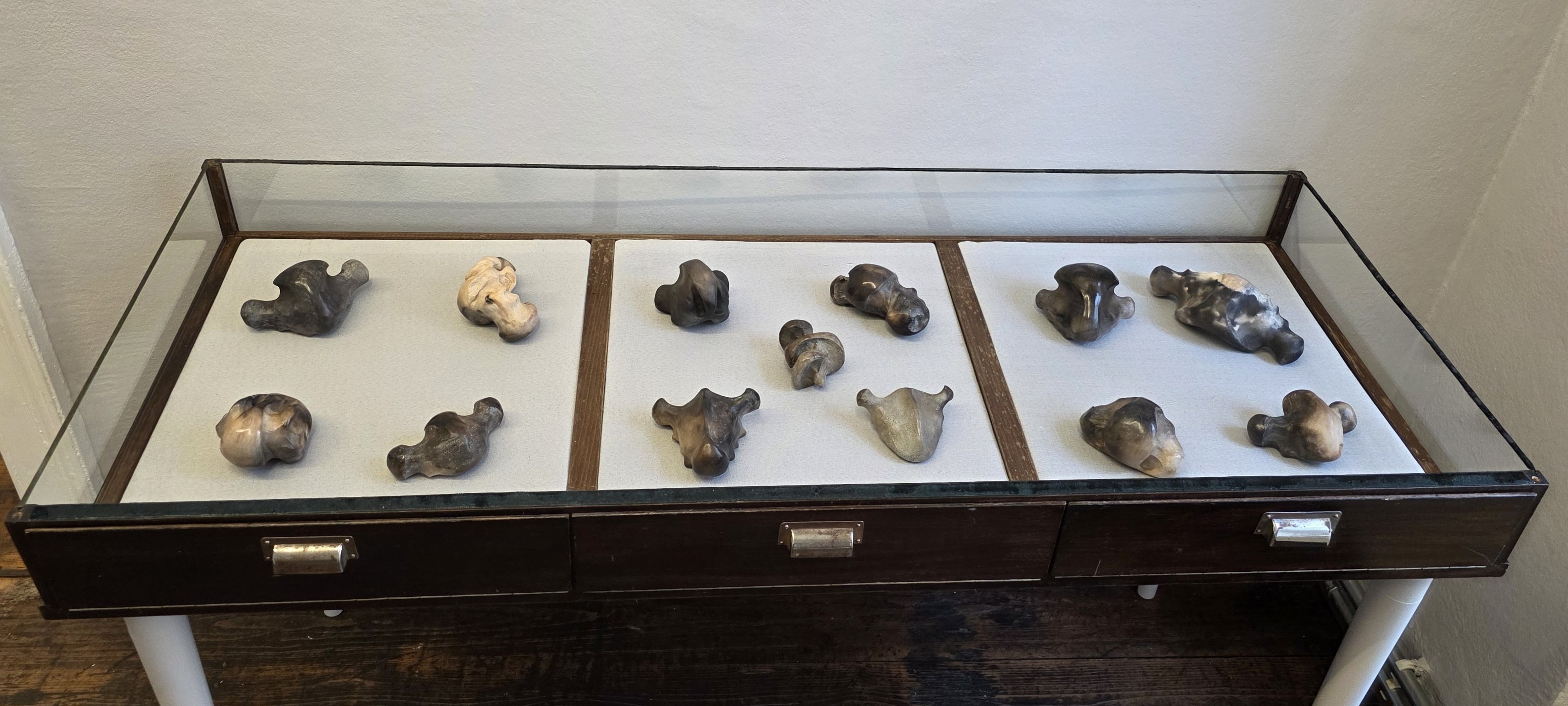 Fotocredit: „Selbstberührungsobjekte“ zum Angreifen von Barbara Schmid (Fotocredit kuma) „Eine Parabel über Enden und Anfänge, die wir noch nicht kennen: Teil 2: Das kolossale Landtier“– Ausstellung im <rotor>